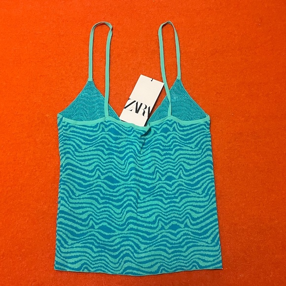 Zara blue turquoise jacquard V-neck knit straps camisole top NWT - Picture 7 of 7